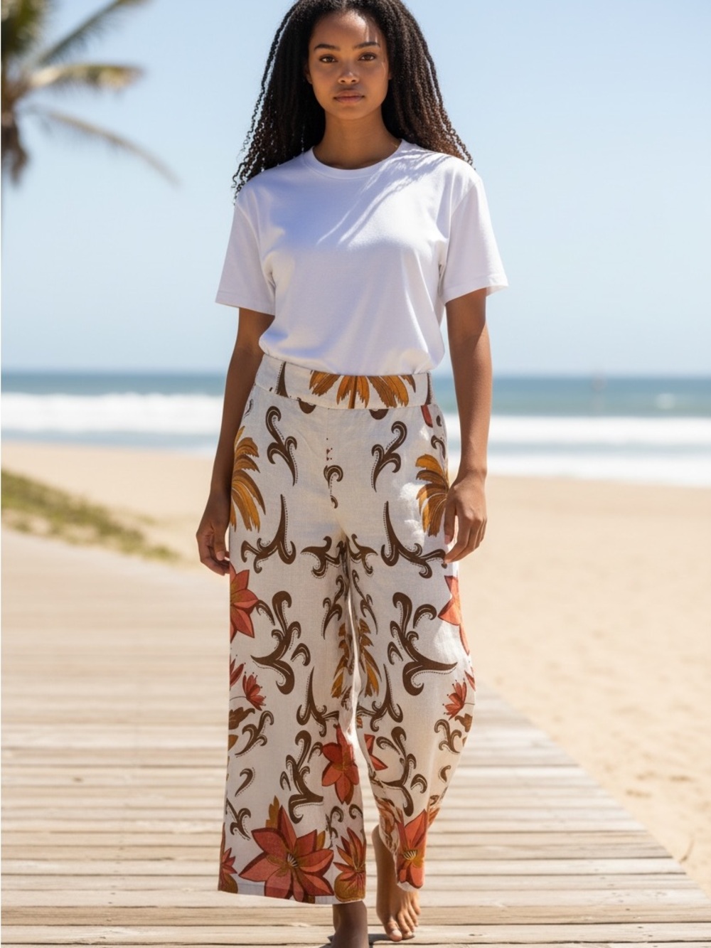Rachel Zoe Tropical Floral Wide Leg Crop Pants Size Large Resort Boho